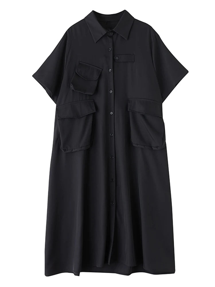 XITAO Asymmetric Pocket Female Dress Loose Solid Color Turn-down Collar Single Breasted Women Temperament Shirt Dress ZMY1145