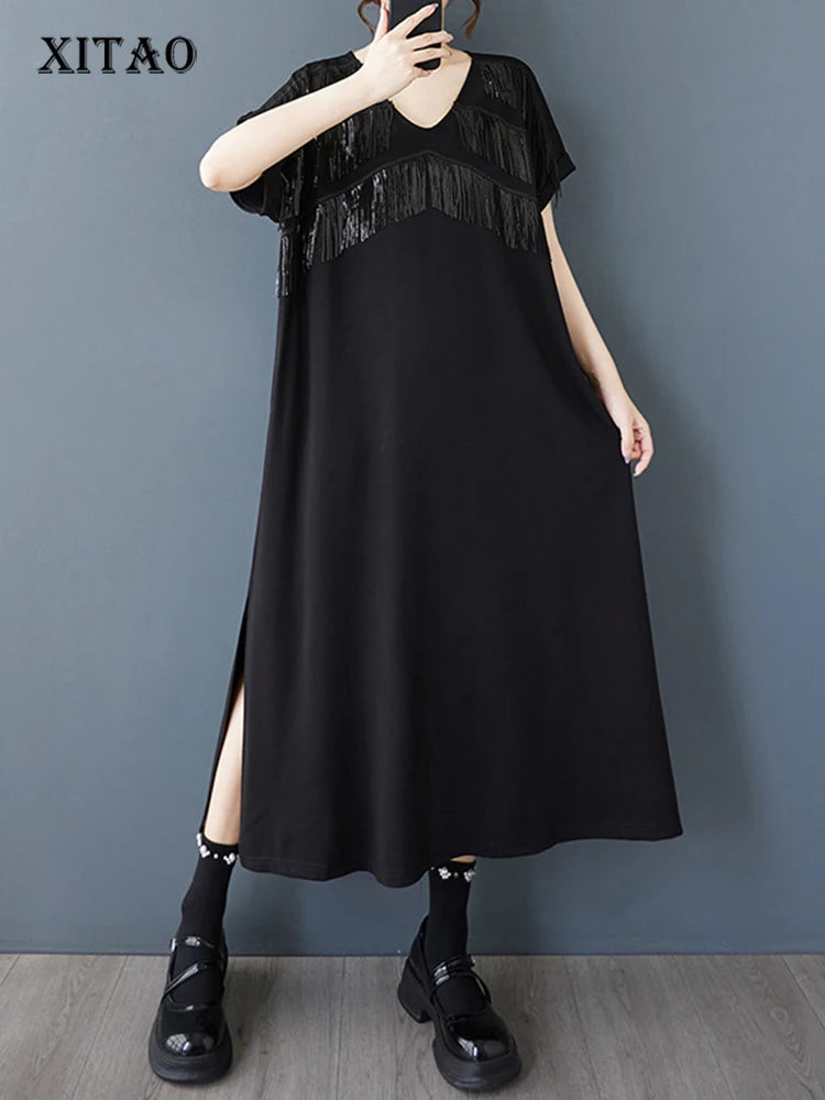 XITAO Tassel Patchwork V-neck Pullover Dress Solid Color Short Sleeve Pocket Side Split Temperament Slimming Women Dress ZMY1350