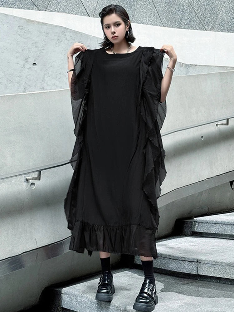XITAO Irregular Patchwork Ruffles Mesh Dress Solid Color O-neck Loose Casual Temperament Personality Summer Woman Dress ZMY1270