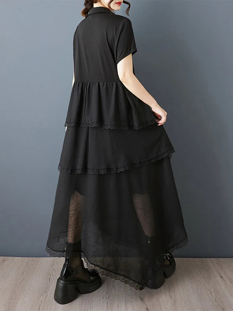 XITAO Asymmetrical Lace Patchwork Dress Embroidered Flares V-neck Short Sleeve Temperament Elegant Summer Woman Dress ZMY1317