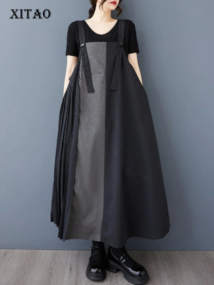 XITAO Pleated Patchwork Button Dress Sleeveless A-line Hong Kong All Match New Arrival Elegant Spring Women Dress ZMY1174