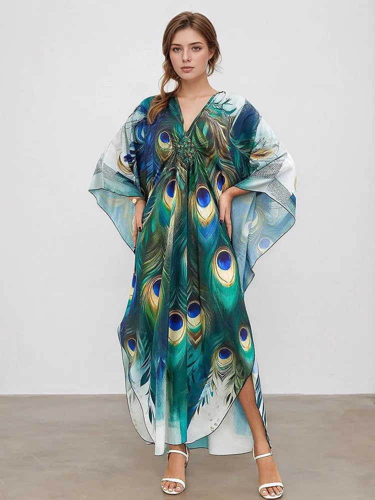 XITAO Peacock Print Vintage Dress Pullover V-neck Bat Wing Sleeve Temperament Slim Summer Woman Loose Casual Dress GJ1152