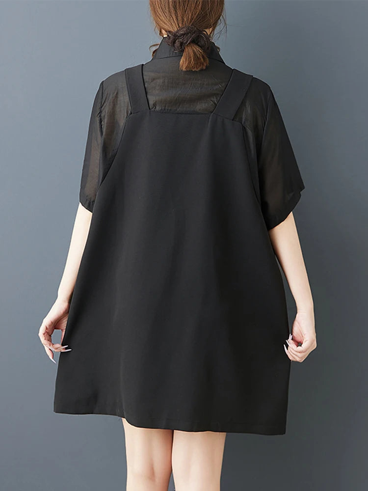 XITAO Pocket Patchwork Solid Color Shirt Dress Collar Short Sleeve Loose Slimming Summer Woman Fake Two Pieces Dress ZMY1298