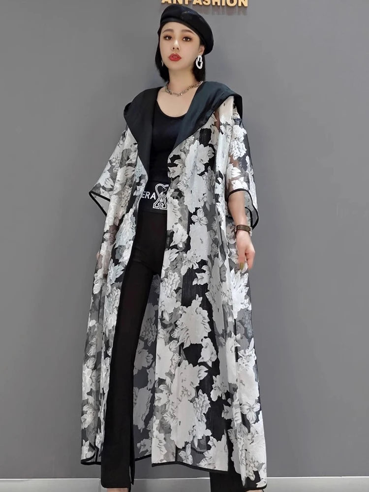 XITAO Hooded Gauze Patchwork Trench Print Half Sleeve New Temperament Casual Loose All-match Summer Cardigans Trench ZMY1279