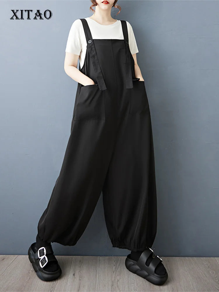 XITAO Pocket Solid Color Loose Jumpsuits Sleeveless Personality Temperament Slimming Summer Woman Straps Jumpsuits ZMY1315