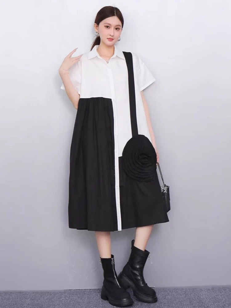 XITAO Three-dimensional Decoration Flower Dress Contrast Color Patchwork Turn-down Collar Loose Summer Woman Dress ZMY1397
