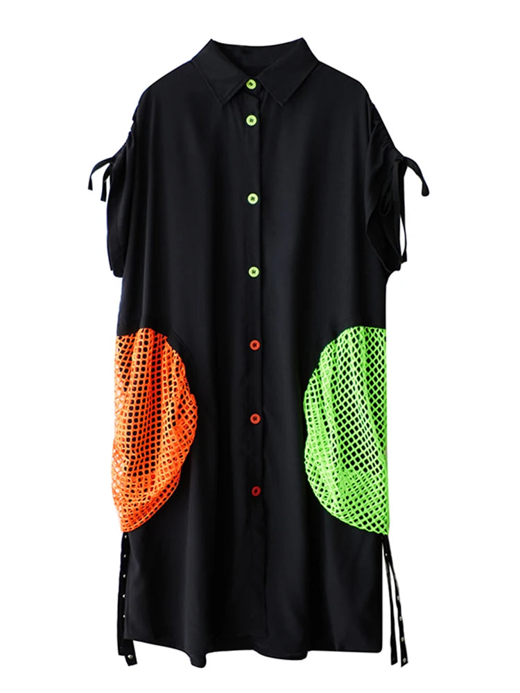 XITAO Irregular Hollow Out Female Shirt Dress Personality Contrast Color Patchwork Women Loose Vintage Slimming Dress ZMY1057