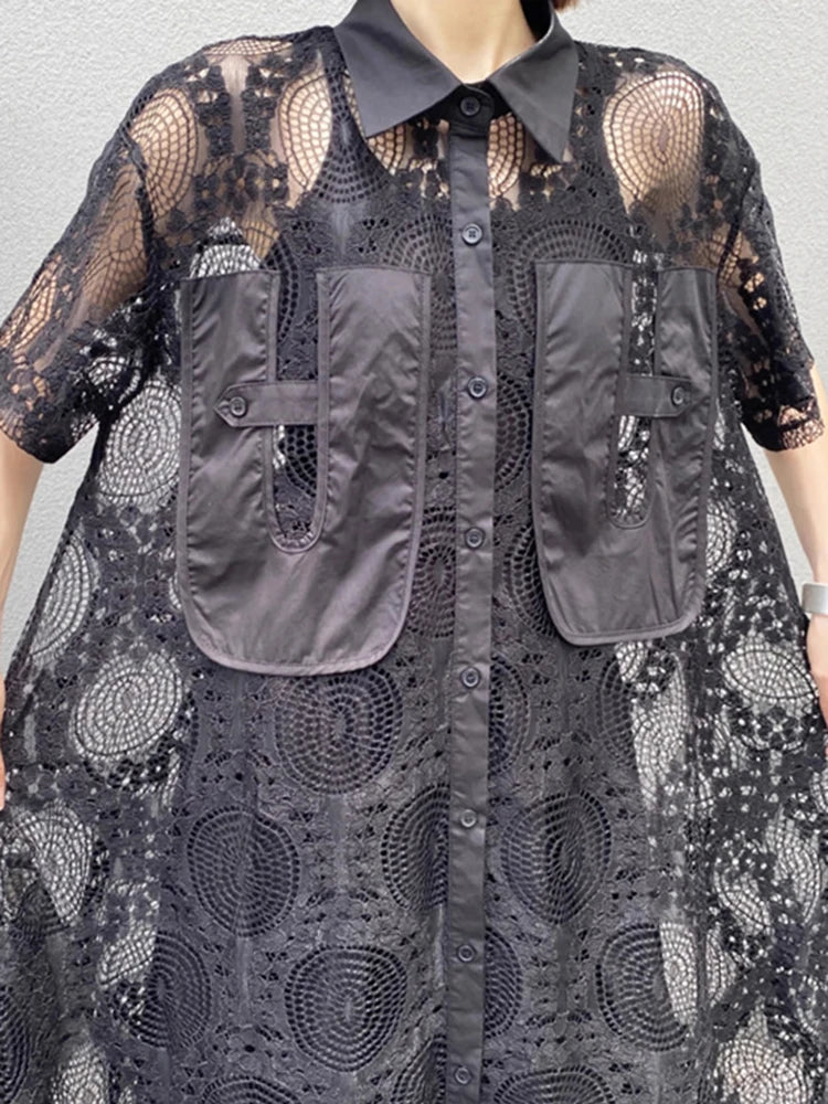 XITAO Lace Patchwork Single Breasted Dress Solid Color Turn-down Collar Short Sleeve Loose A-line Slim All Match Dress ZMY1190