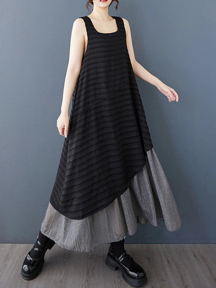 XITAO Asymmetrical Patchwork O-neck Female Dress Casual A-line Sleeveless Loose Fitting Slimming Summer Women Dress ZMY1196