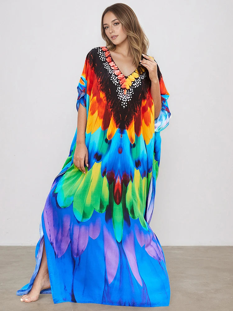 XITAO V-neck Ankle-length Dress Loose Casual Vintage Side Slit Bat Wing Sleeve Personality Pullover Summer Woman Dress GJ1187