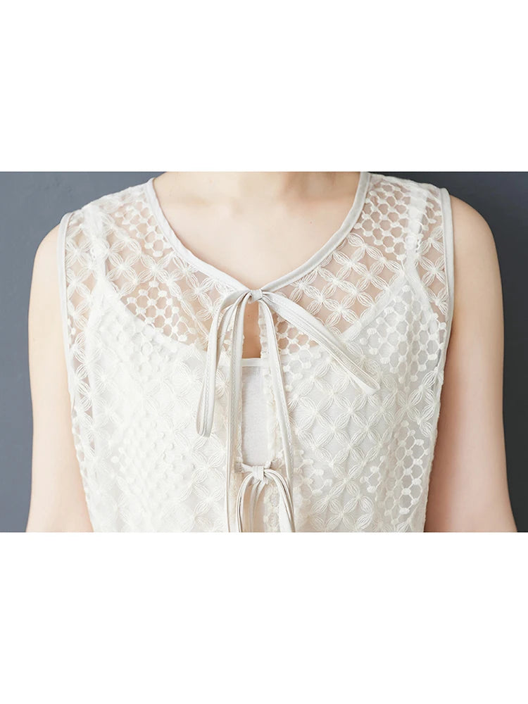 XITAO Lace Drawstring Hollow Out Dress Patchwork Solid Color Loose Sleeveless O-neck Casual Slimming Summer Woman Dress ZMY1312