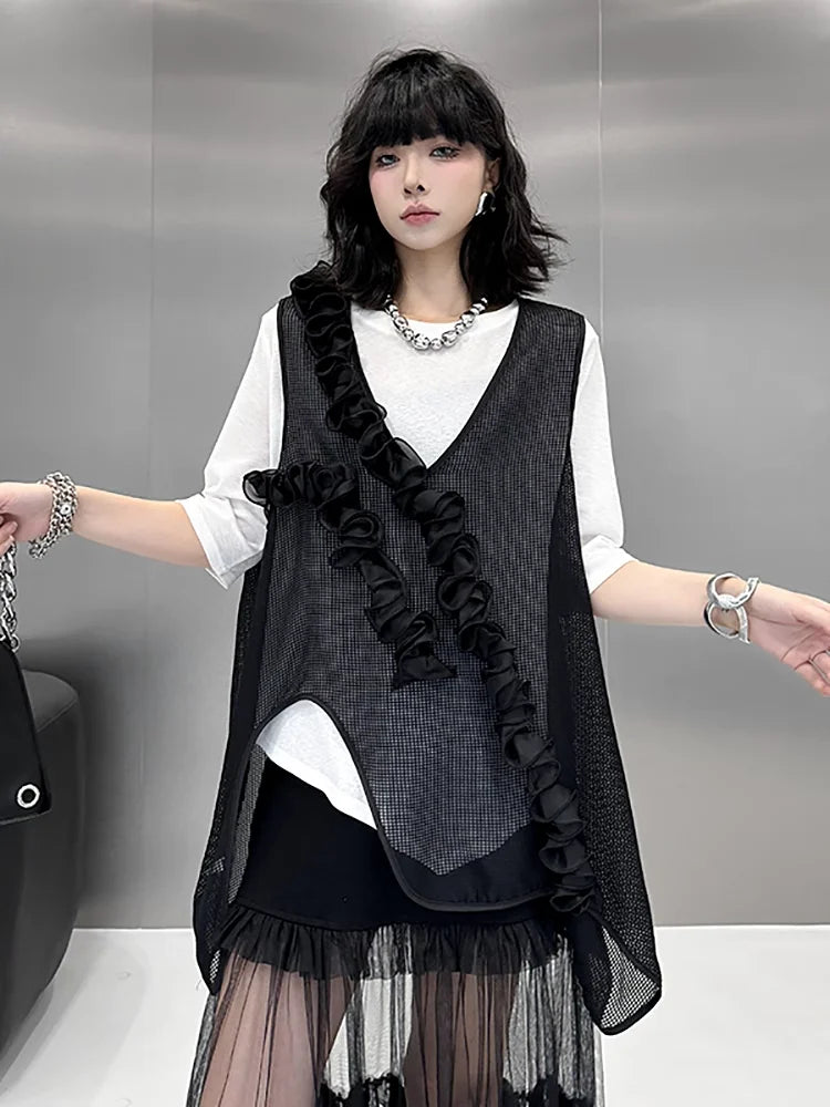 XITAO Three-dimensional Decoration Patchwork Vest Solid Color Asymmetrical V-neck Loose Pullover Temperament Top ZMY1179