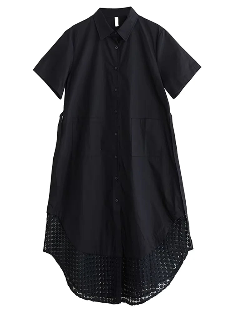 XITAO Pocket Bandage Irregular Female Dress Patchwork Hollow Out Solid Color Loose Slimming Summer Woman Shirt Dress ZMY1237