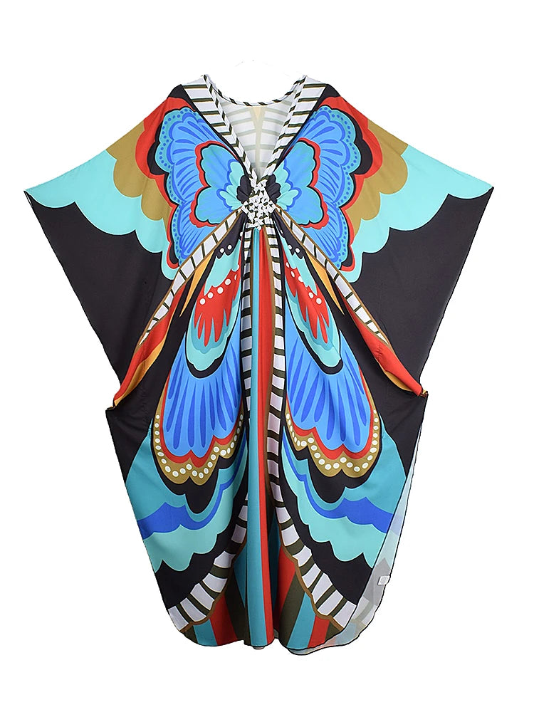 XITAO Butterfly Print V-neck Loose Dress Contrast Bat Wing Sleeve Casual Temperament Summer Woman Ankle-length Dress GJ1153