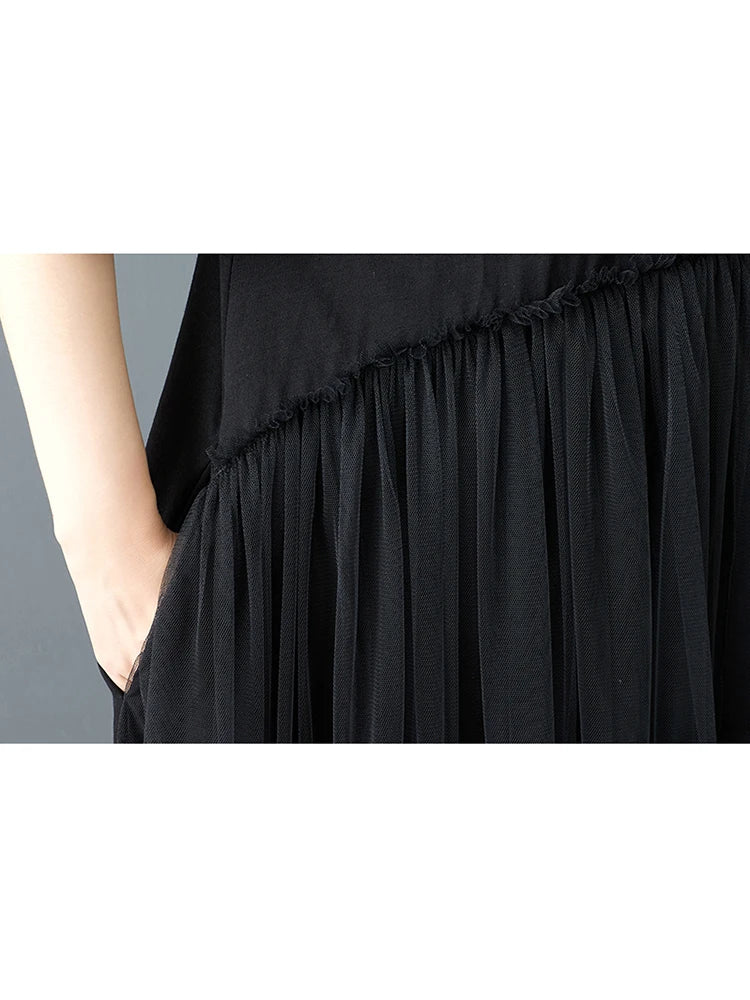 XITAO Gauze Patchwork Pocket Pullover Dress O-neck Short Sleeve Solid Color Loose Temperament Slim Casual All Match Dress ZMY1168