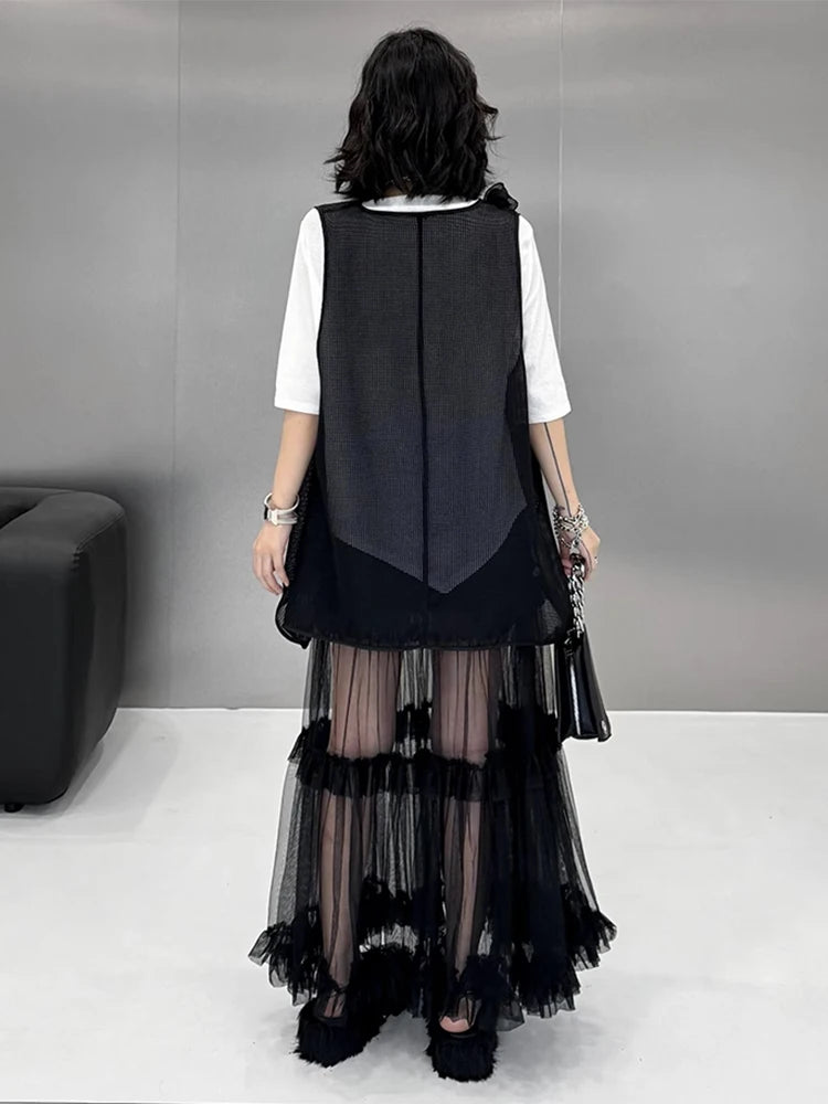 XITAO Three-dimensional Decoration Patchwork Vest Solid Color Asymmetrical V-neck Loose Pullover Temperament Top ZMY1179