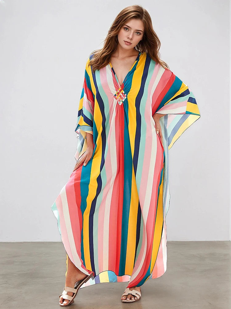 XITAO Contrast Color Striped A-line Dress Pullover Print V-neck Fashion Bat Wing Sleeve Summer Woman Ankle-length Dress GJ1177