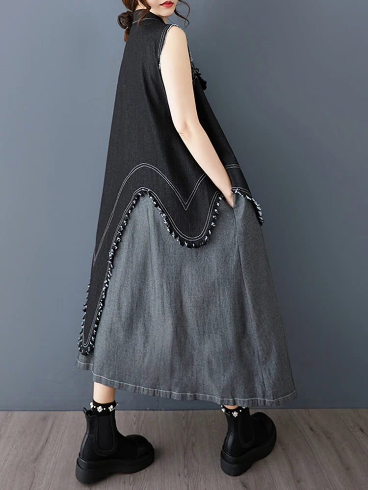 XITAO Contrast Color Sleeveless Pocket Patchwork Dress Single Breasted Turn-down Collar Loose A-line Vintage Slim Dress ZMY1050
