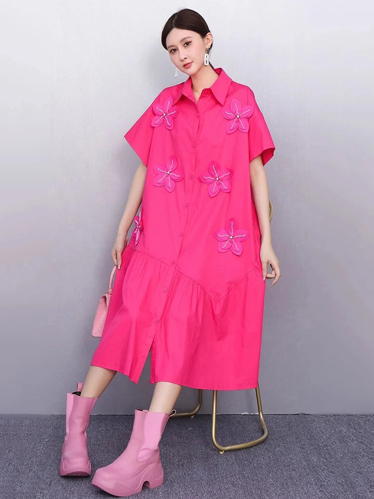 XITAO Solid Color Short Sleeve Dress Three-dimensional Decoration Turn-down Collar Loose Slimming Summer Woman Dress ZMY1398