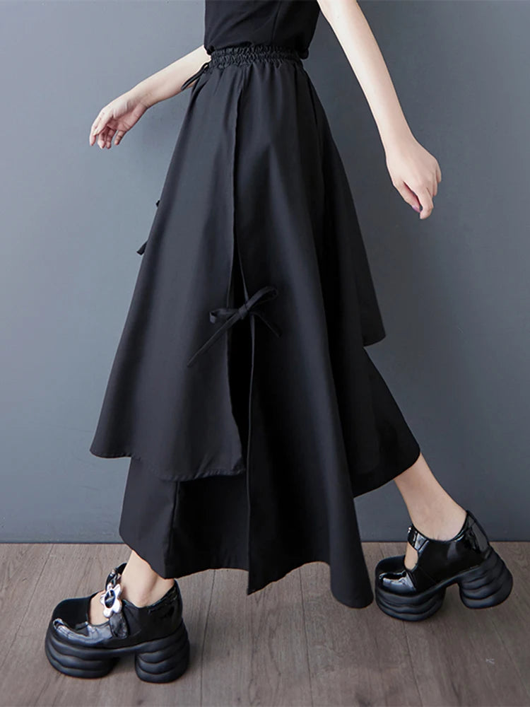 XITAO Asymmetric Drawstring Elastic Waist Pant Casual Solid Color Loose Fitting Fashion Fake Two Pieces Women Pant ZMY1045