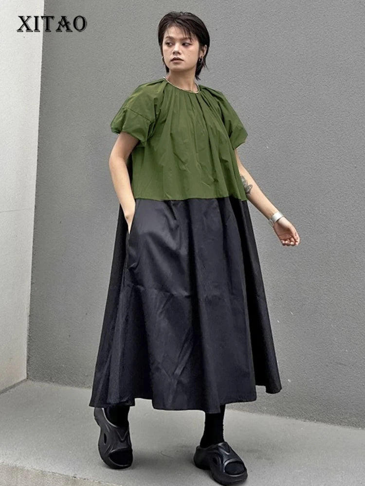 XITAO Patchwork Contrast Color Dress O-neck Loose Casual Short Sleeve Simple Slimming Personality Summer Woman Dress HQQ2491