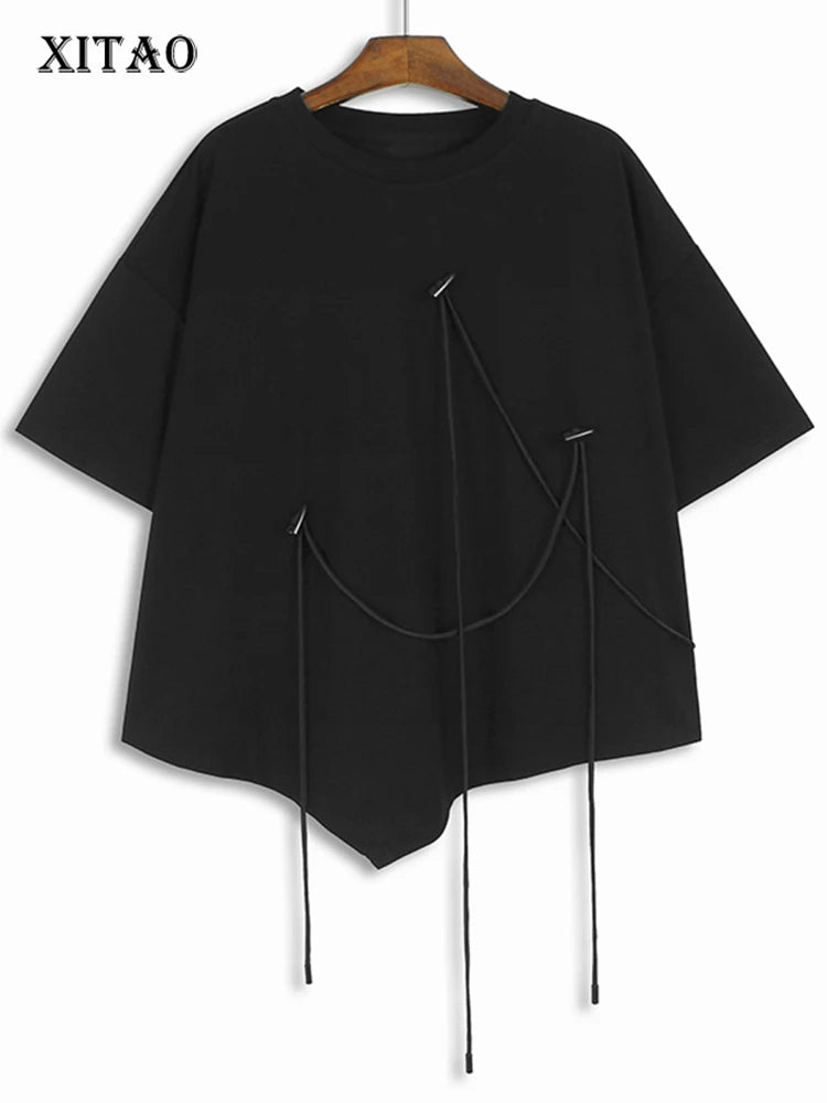 XITAO Irregular Casual T-shirt Horn Decorate Women Top Solid Color Loose Summer New T-shirt DMJ4148