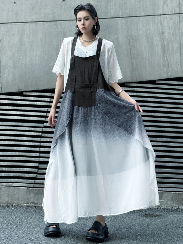 XITAO Gradient Pocket Patchwork Dress Sleeveless Loose Casual Square Collar Slimming Temperament Summer Woman Dress GYX1666