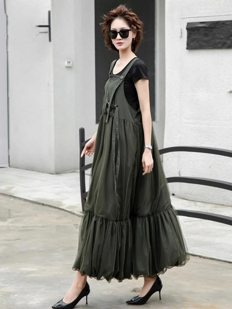 XITAO Gauze Pleated Bandage Strap Dress Sleeveless Solid Color Loose Casual Patchwork Personality Summer Woman Dress HQQ2497