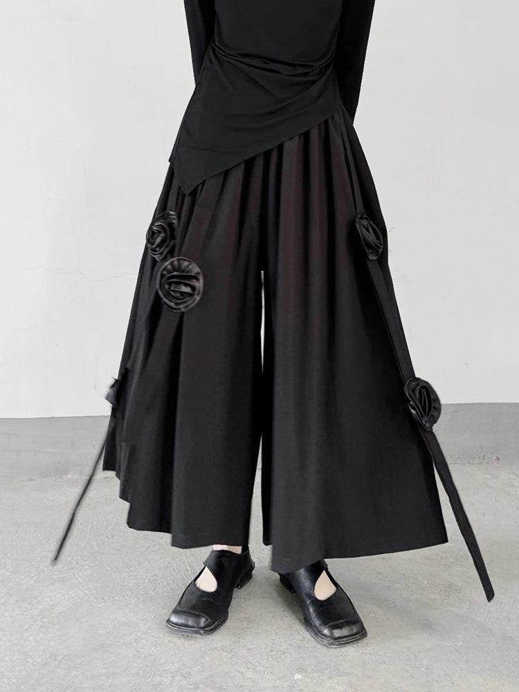 XITAO Three-dimensional Decoration Floral Pants Elastic Waist Loose Folds Patchwork Solid Color Pants 2024 Summer New ZY8654