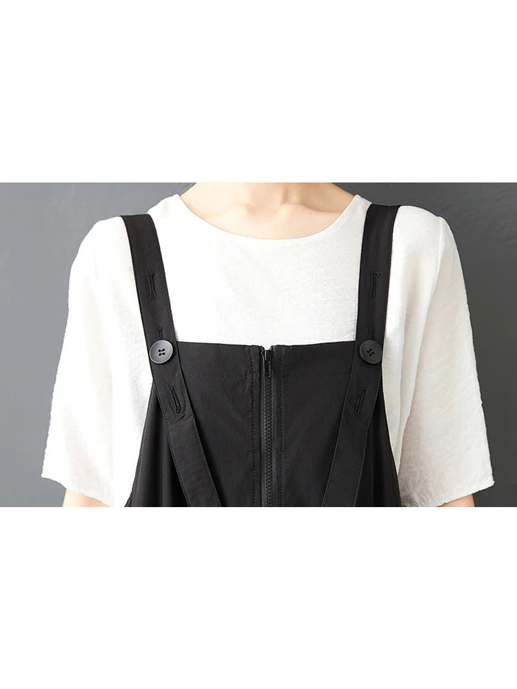 XITAO Patchwork Gauze Pleated Dress Solid Color Casual Sleeveless Loose Zipper Summer Woman Shoulder Strap Dress GYX1652