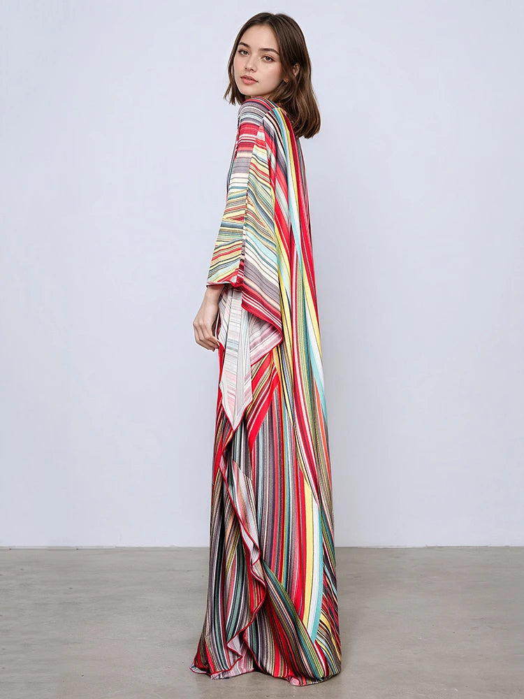 XITAO Print Contrast Color Dress Casual A-line Pullover Fashion V-neck Long Style New Batwing Sleeve Summer Women Dress GJ1149