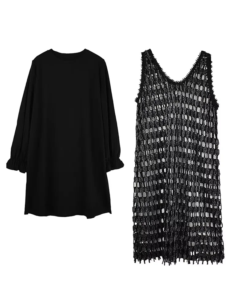 XITAO Hollow Out Full Sleeve Female Dress Casual Loose Fitting Two Pieces O-neck Pullover New Arrival Spring Women Dress ZMY1185