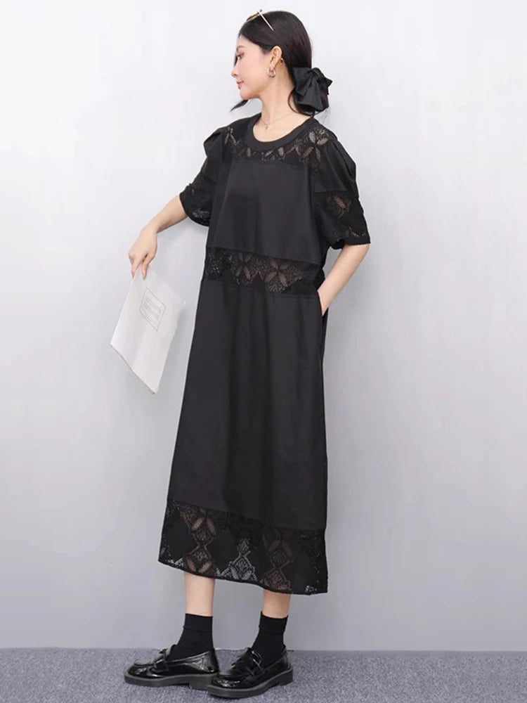 XITAO Hollow Out Patchwork Dress Loose Solid Color Elegant A-line Women Summer Temperament O-neck Short Sleeve Dress ZMY1155