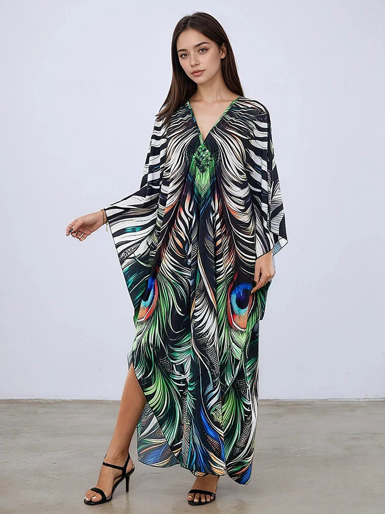 XITAO Print Contrast Color Loose Female Dress V-neck Casual Ankle-length Elegant Personality Pullover Summer Woman Dress GJ1158