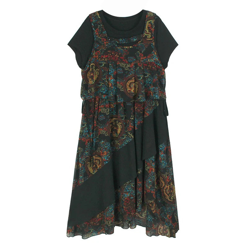XITAO Sleeveless Vest Print Asymmetrical Dress Pieces Dress O-neck Pullover Patchwork Loose Pocket Slimming Casual Dress GYX1563