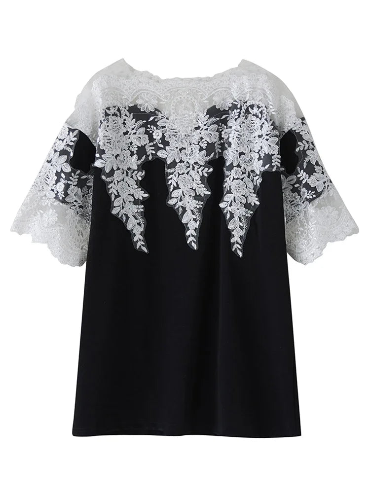 XITAO Lace Patchwork Contrast Color Dress O-neck Pullover Short Sleeve Loose Temperament All Match Vintage Casual Dress ZMY1246