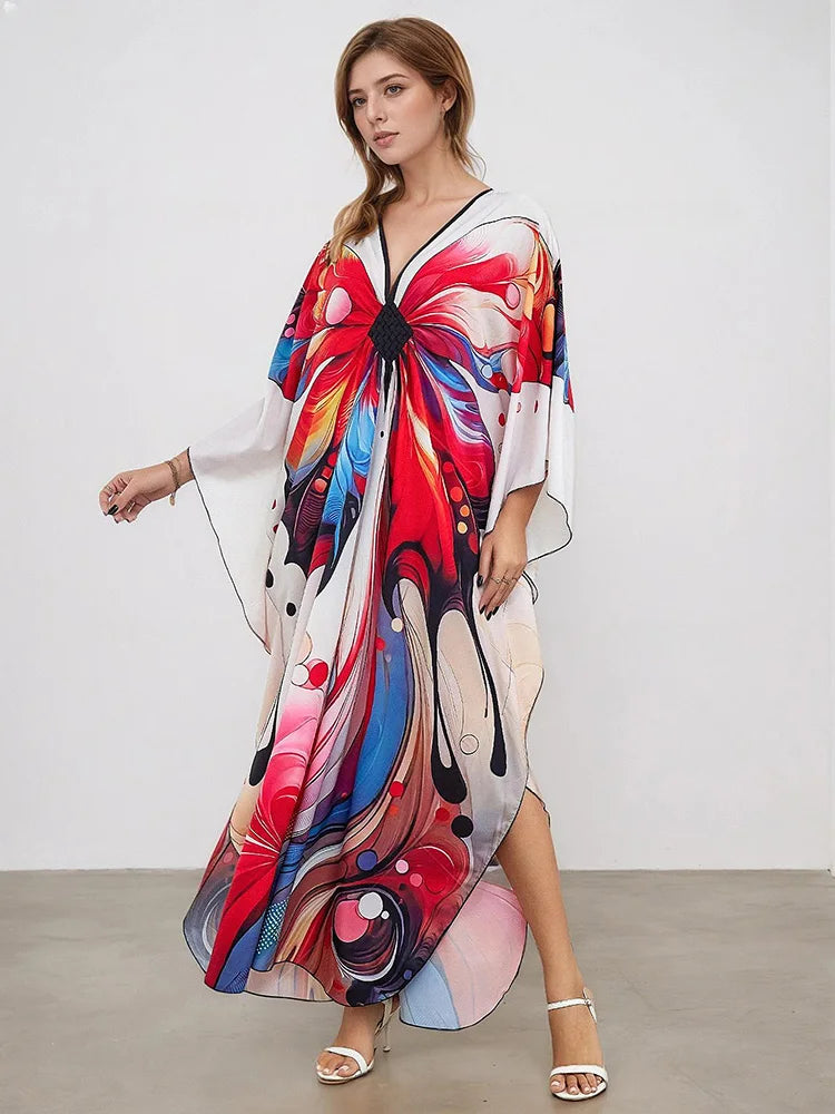 XITAO Female Side Slit Print Dress Butterfly A-line Pullover Bat Wing Sleeve V-neck Summer Woman Ankle-length Dress GJ1161