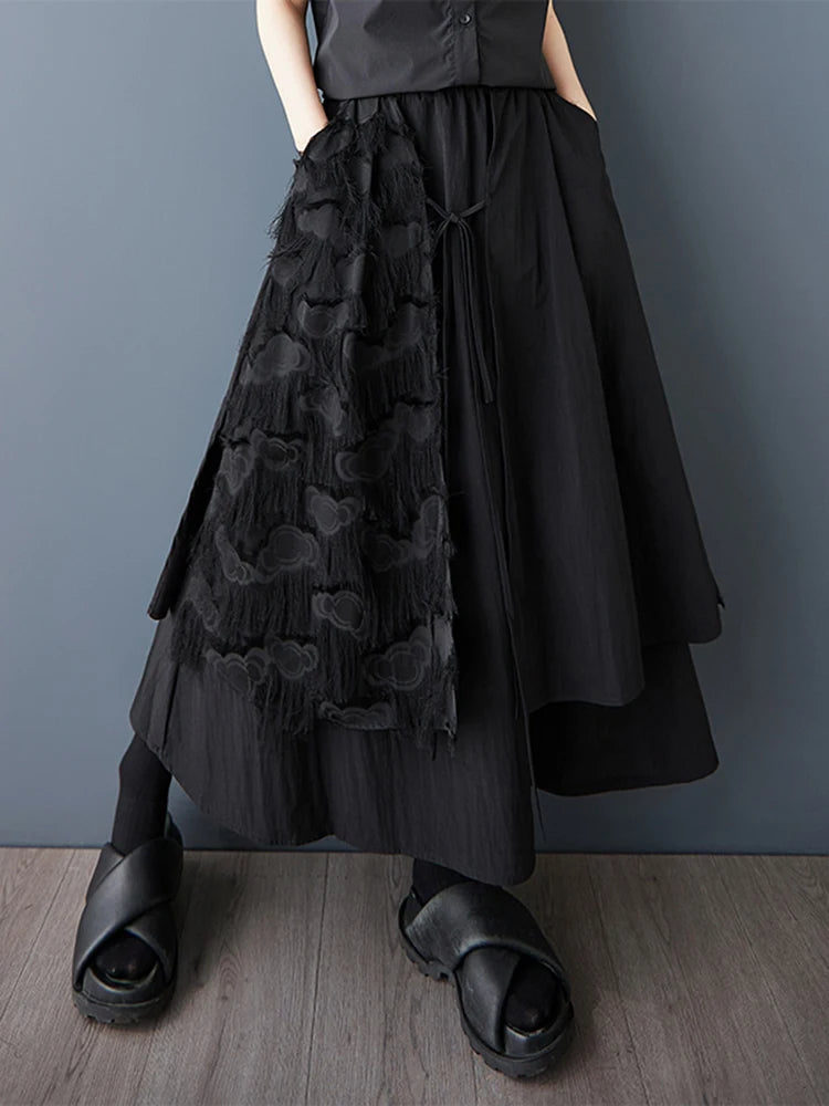 XITAO Gauze Patchwork Bandage Solid Color Skirt Pocket Elastic Waist Loose A-line Mid-calf Temperament Casual Skirt HQQ2463