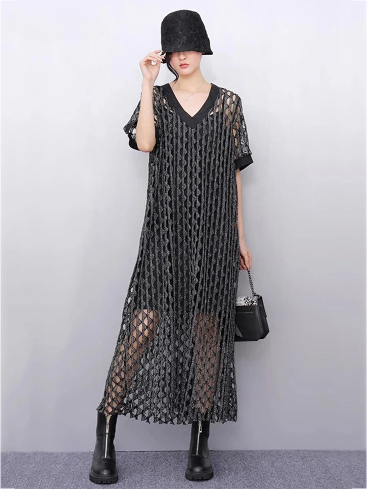 XITAO Hollow Out V-neck A-line Dress Short Sleeve Casual Loose Slimming All Match New Personality Summer Women Dress HQQ2467