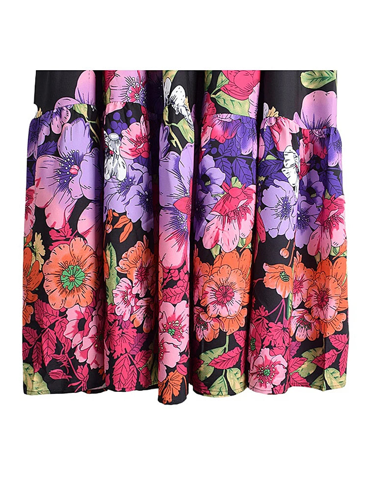 XITAO Vintage Print Dress Contrast Color Fold Patchwork Women Summer New Loose Fashion Stand Collar Simplicity Dress WMD3398