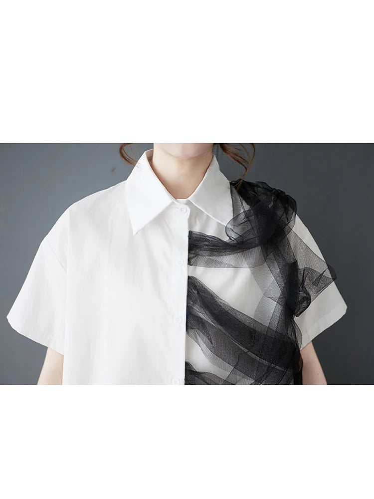 XITAO Patchwork Mesh Turn-down Collar Shirt Casual Solid Color Loose Fitting Vintage Slimming Summer Women Blouse GYX1536