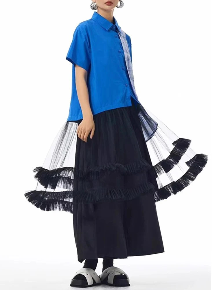 XITAO Loose Plaid Patchwork Shirt Dress Personality Mesh Women Summer Temperament All-match Turn-down Collar Dress ZMY1394