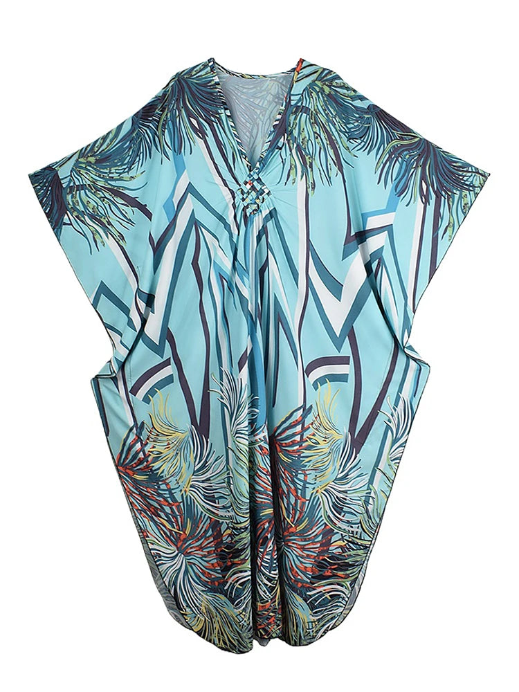 XITAO Print Batwing Sleeve Dress Casual A-line Personality Loose Fitting V-neck Full Sleeve New Summer Female Dress GJ1150