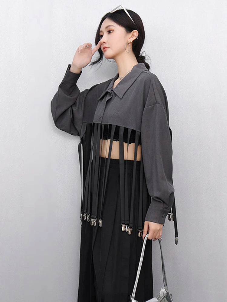 XITAO Patchwork Tassels Lapel Single Breasted Shirt Casual Loose Fitting Full Sleeve New Summer Personality Shirt GYX1619
