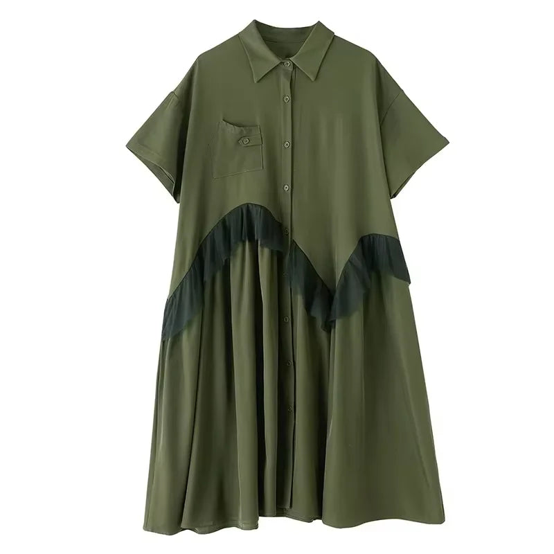 XITAO Gauze Loose Ruffles Dress Patchwork Solid Color Single Breasted New Arrival Slimming Summer Female Shirt Dress ZMY1236