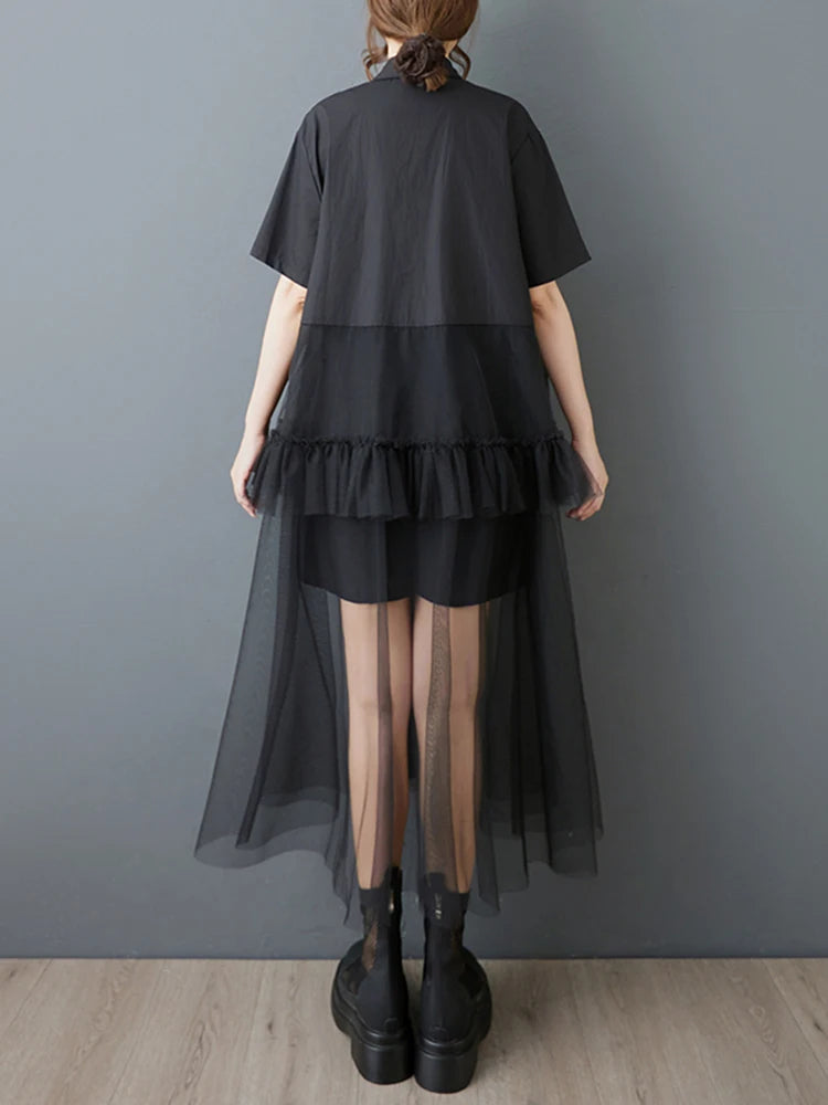 XITAO Patchwork Mesh Pleated Dress Casual Short Sleeve Turn-down Collar Single Breasted A-line Fashion Women Dress ZMY1195