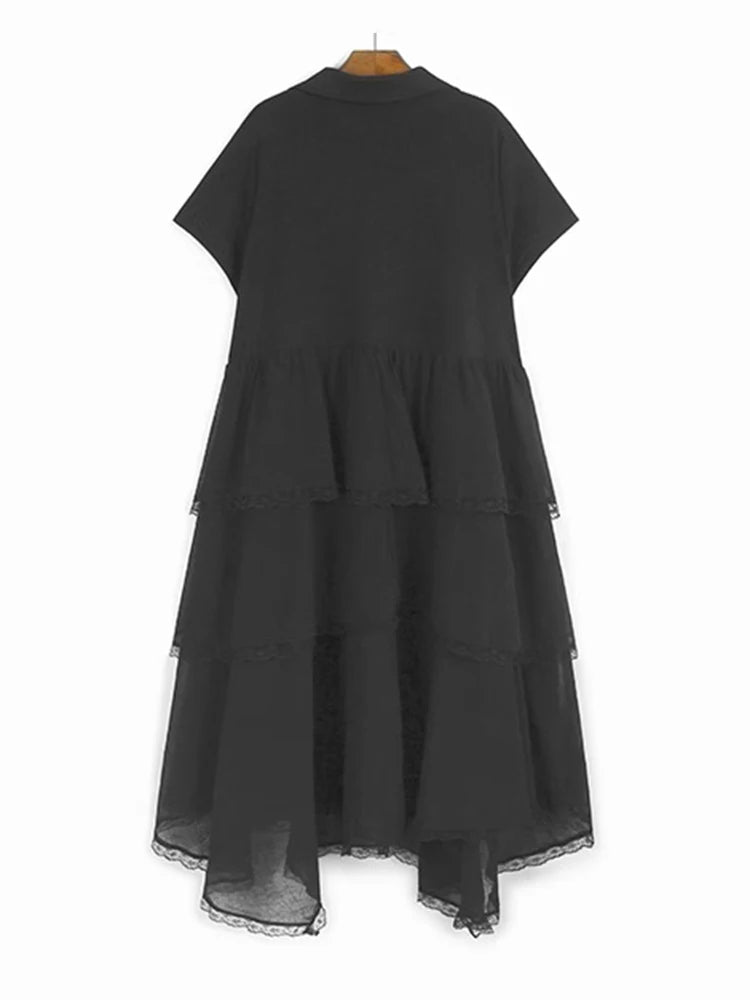 XITAO Irregular Embroidered Flares Dress Short Sleeve Lace Patchwork Women Summer Solid Color A-line Temperament Dress ZMY1341