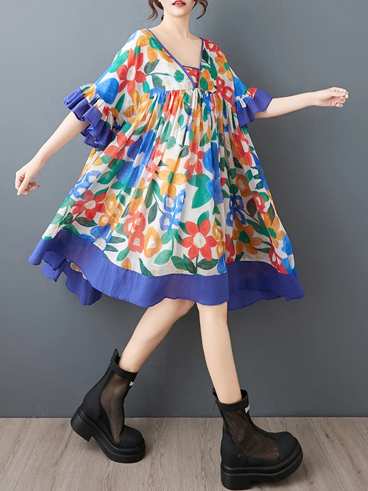 XITAO V-neck Print Patchwork Dress Edible Tree Fungus Slimming Elegant Small Fresh Loose Pleated Summer Woman Dress ZMY1256