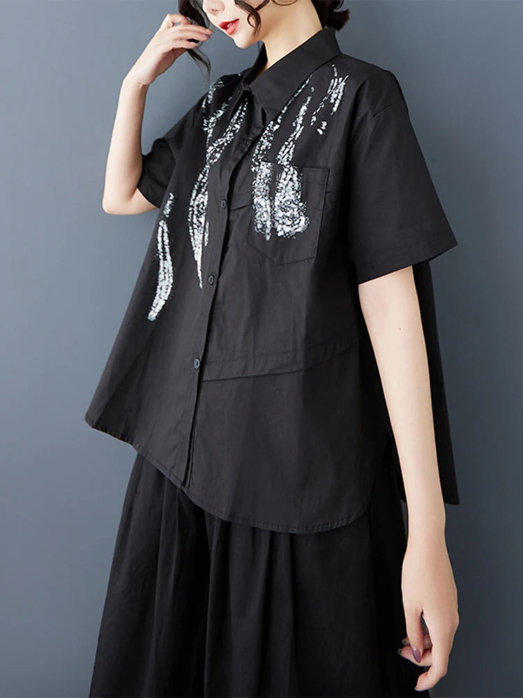 XITAO Contrast Color Print Patchwork Women Shirt Turn-down Collar Short Sleeve Vintage Loose All Match Casual Top HQQ2452