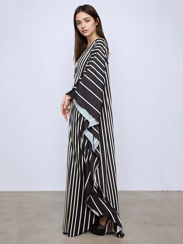 XITAO Stripe Print V-neck Dress Batwing Sleeve A-line Full Sleeve Personality Pullover Fashion Goddess Summer Women Dress GJ1151